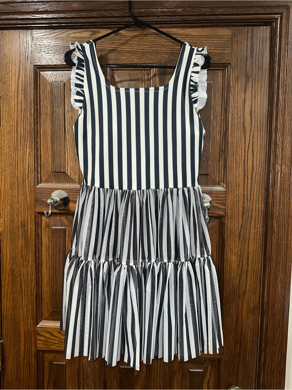 Womens Made by Molly Black and White Striped Ruffle Tiered Dress